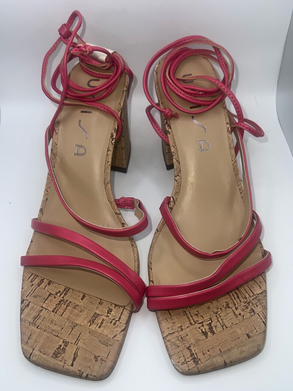 Unisa Pink Cork Lace-Up Block Heel Sandals Size 7.5